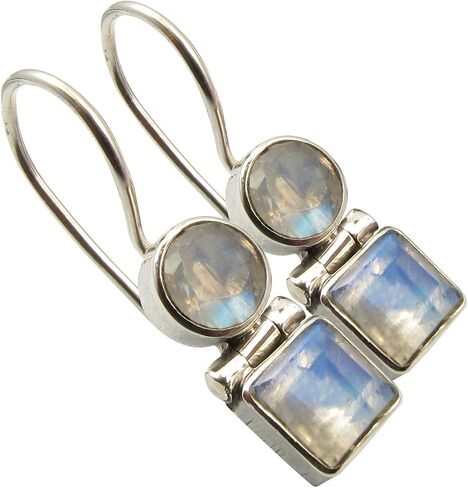 Solid Sterling Silver Pear Shape Round, Square Rainbow Moonstone Earrings 1" in Kuwait
