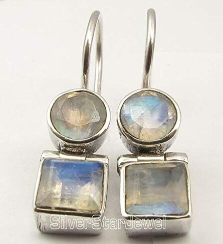 Solid Sterling Silver Pear Shape Round, Square Rainbow Moonstone Earrings 1" in Kuwait