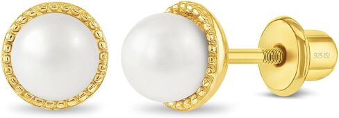 In Season Jewelry Simulated Pearl Kids Earrings - Yellow Gold Plated Sterling Silver Hypoallergenic Earrings for Girls with Safety Screw Backs - Safe & Comfortable for Toddlers, Kids & Little Girls in Kuwait