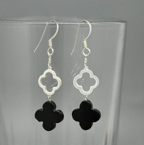 Natural Black Onyx 4 Leaf Clover Hook Earring, 44 mm Drop Length, 925 Sterling Silver Handmade Jewelry (Earring) in Kuwait