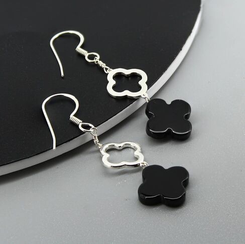 Natural Black Onyx 4 Leaf Clover Hook Earring, 44 mm Drop Length, 925 Sterling Silver Handmade Jewelry (Earring) in Kuwait