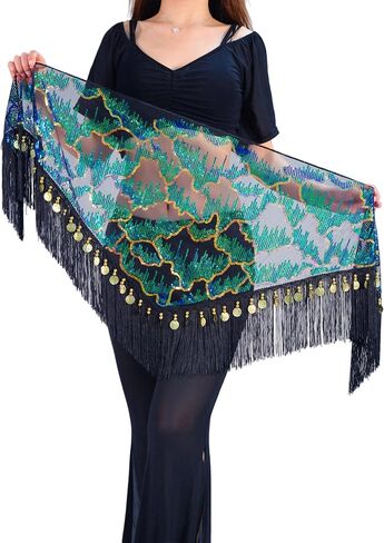 Glitter Triangle Belly Dance Hip Scarf with Sequins Peacock Wrap Skirt Shawl Versatile Waist Accessory for Women in Kuwait