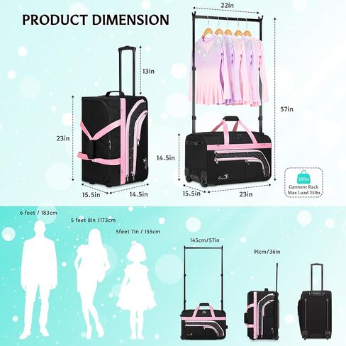 Dance Bag with Garment Rack - 23 Inch Professional Dance Competition Duffle Bag with Rack - Wheeled Dance Suitcase with Multiple Pockets for Dancers, Athlete, Travelers, and Livestreamer in Saudi Arabia
