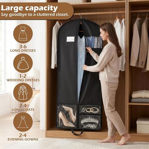 65" Long Garment Bags, Waterproof Travel Dress Bags for Hanging Clothes, Wedding Dress Cover Clothes Protector for Closet Storage, Suitable for Gowns, Tuxedos, Coats, Black in Saudi Arabia