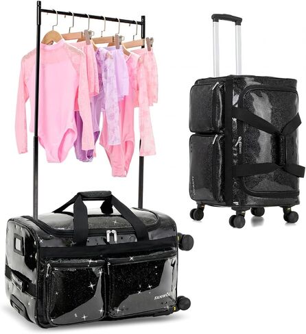 Fanwoli 23" Rolling Dance Duffel Bag with Garment Rack | Detachable 4-Spinner Wheels | Waterproof Glitter Fabric | Competition Travel Luggage for Cheerleader, Skating, Gymnast & Sleepover | Black in Saudi Arabia