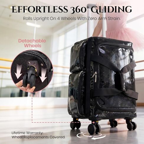 Fanwoli 23" Rolling Dance Duffel Bag with Garment Rack | Detachable 4-Spinner Wheels | Waterproof Glitter Fabric | Competition Travel Luggage for Cheerleader, Skating, Gymnast & Sleepover | Black in Saudi Arabia