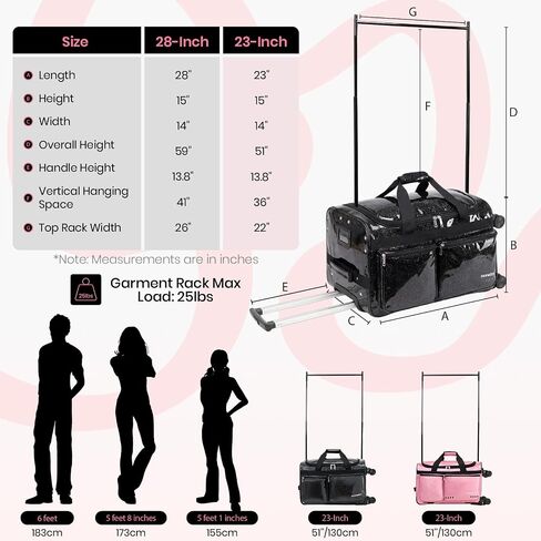 Fanwoli 23" Rolling Dance Duffel Bag with Garment Rack | Detachable 4-Spinner Wheels | Waterproof Glitter Fabric | Competition Travel Luggage for Cheerleader, Skating, Gymnast & Sleepover | Black in Saudi Arabia