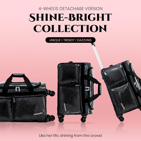 Fanwoli 23" Rolling Dance Duffel Bag with Garment Rack | Detachable 4-Spinner Wheels | Waterproof Glitter Fabric | Competition Travel Luggage for Cheerleader, Skating, Gymnast & Sleepover | Black in Saudi Arabia