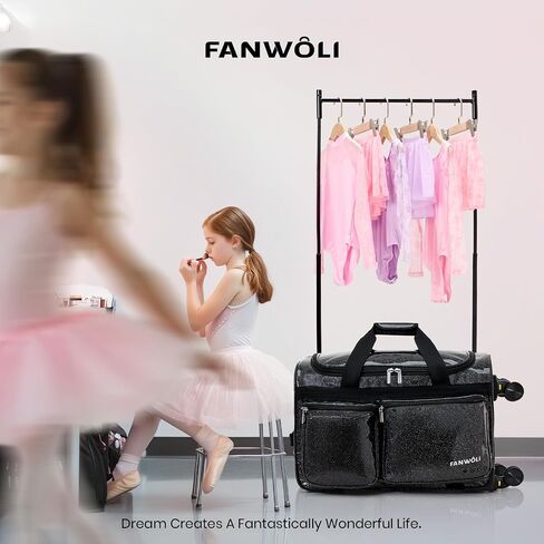Fanwoli 23" Rolling Dance Duffel Bag with Garment Rack | Detachable 4-Spinner Wheels | Waterproof Glitter Fabric | Competition Travel Luggage for Cheerleader, Skating, Gymnast & Sleepover | Black in Saudi Arabia