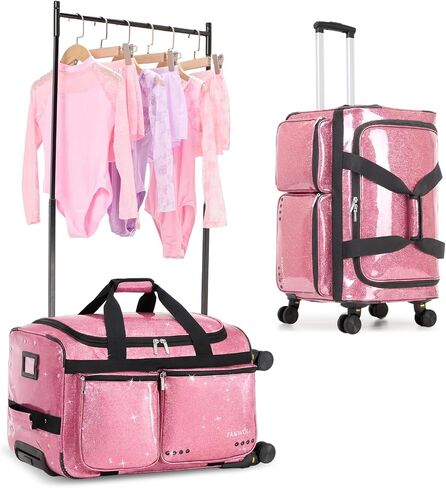 Fanwoli 23" Rolling Dance Duffel Bag with Garment Rack | Detachable 4-Spinner Wheels | Waterproof Glitter Fabric | Competition Travel Luggage for Cheerleader, Skating, Gymnast & Sleepover | Black in Saudi Arabia