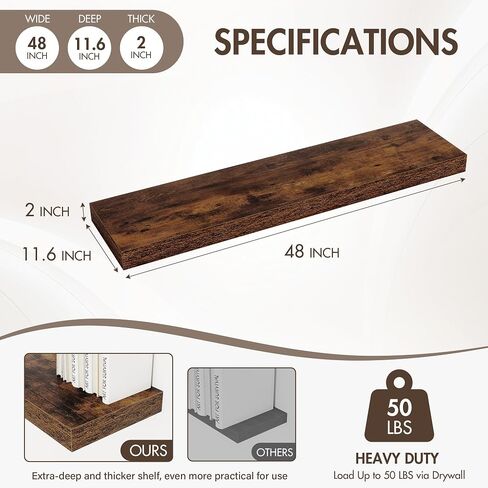 Acovy 48 Inch Floating Shelves, 12" Deep Floating Shelf Wall Mounted, 48" Wall Shelves, Rustic Deep Bookshelf, Extra Deeper & Thicker Display Shelves for Bedroom, Living Room, Gray, Set of 2 in Kuwait
