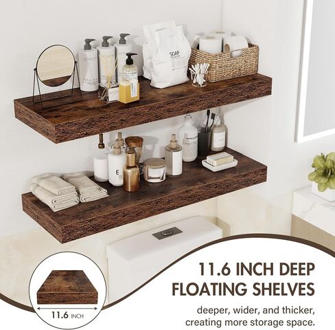 Acovy 48 Inch Floating Shelves, 12" Deep Floating Shelf Wall Mounted, 48" Wall Shelves, Rustic Deep Bookshelf, Extra Deeper & Thicker Display Shelves for Bedroom, Living Room, Gray, Set of 2 in Kuwait