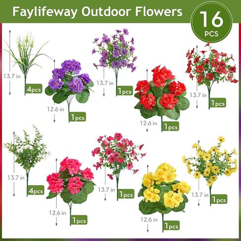 16 Bundles Artificial Flowers for Outdoors, UV Resistant Fake Outdoor Flowers, Silk Faux Flowers for Outside Planters,Garden,Porch,Yard,Home Decor(Mixed Color) in Saudi Arabia