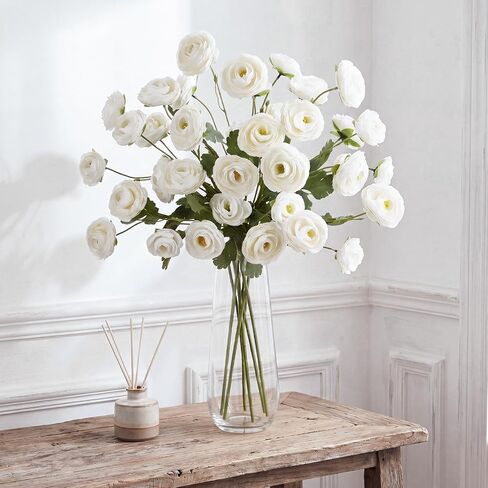 6 Stems Artificial Ranunculus Flowers 33.5 Inch, 36 Heads Long Stem Silk Faux Flowers with Leaves for Wedding Bouquets, Table Centerpieces, DIY Floral Arrangements(White) in Saudi Arabia