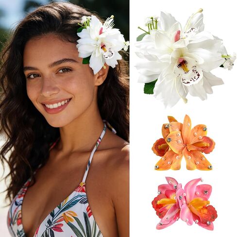 10 pcs Hawaiian Flower Hair Clips for Women，Orchid Hibiscus Hair Clips Artificial Flower Clips，Boho Hair Accessories for Vacation Beach Party - Hibiscus & Orchid in Kuwait