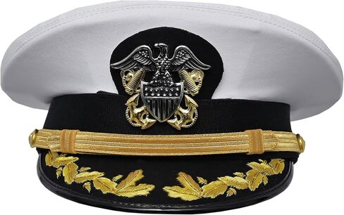 USA Navy Captain Hat, White Cotton, Removable Gold Chin Strap, Metal Insignia, Military Nautical Theme in Saudi Arabia