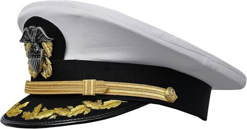 USA Navy Captain Hat, White Cotton, Removable Gold Chin Strap, Metal Insignia, Military Nautical Theme in Saudi Arabia