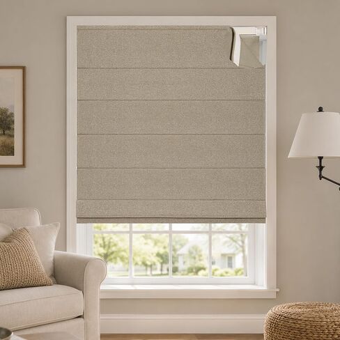 Hestia No Drill Roman Shades for Indoor Windows, 100% Blackout Cordless Roman Blinds, Faux Linen Fabric Room Darkening Window Shades with Tension Rod, Inside Mount, Brown, 34" W x 64" H in Saudi Arabia