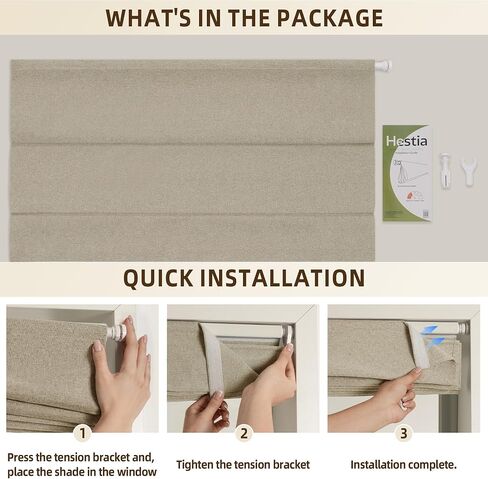 Hestia No Drill Roman Shades for Indoor Windows, 100% Blackout Cordless Roman Blinds, Faux Linen Fabric Room Darkening Window Shades with Tension Rod, Inside Mount, Brown, 34" W x 64" H in Saudi Arabia