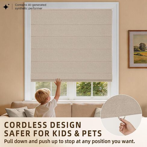 Hestia No Drill Roman Shades for Indoor Windows, 100% Blackout Cordless Roman Blinds, Faux Linen Fabric Room Darkening Window Shades with Tension Rod, Inside Mount, Brown, 34" W x 64" H in Saudi Arabia