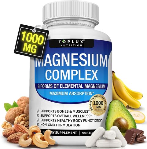 Magnesium Complex Supplement 8 Elemental 1000mg - Magnesium Glycinate, Citrate, Malate, Taurate, Chelated for Easy Absorption for Bones, Muscle, Recovery, Energy, Vegan Non-GMO 90 Capsules in Kuwait