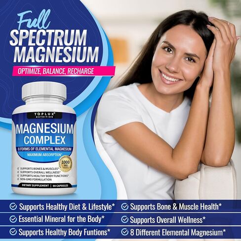 Magnesium Complex Supplement 8 Elemental 1000mg - Magnesium Glycinate, Citrate, Malate, Taurate, Chelated for Easy Absorption for Bones, Muscle, Recovery, Energy, Vegan Non-GMO 90 Capsules in Kuwait