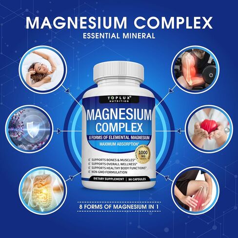 Magnesium Complex Supplement 8 Elemental 1000mg - Magnesium Glycinate, Citrate, Malate, Taurate, Chelated for Easy Absorption for Bones, Muscle, Recovery, Energy, Vegan Non-GMO 90 Capsules in Kuwait