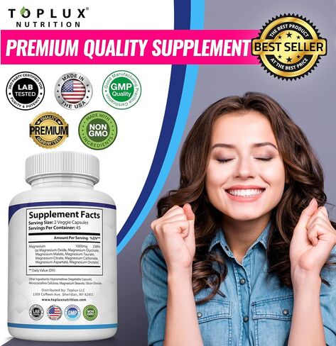 Magnesium Complex Supplement 8 Elemental 1000mg - Magnesium Glycinate, Citrate, Malate, Taurate, Chelated for Easy Absorption for Bones, Muscle, Recovery, Energy, Vegan Non-GMO 90 Capsules in Kuwait