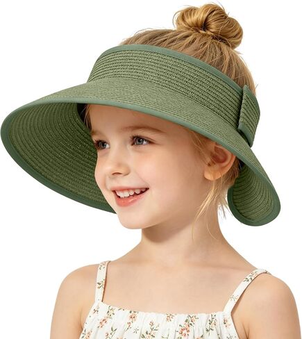 Rosoz Girls Sun Visor Hat Straw Sun Visors for Kids Summer Packable Foldable Ponytail Beach Hats for Travel Vacation UPF 50+ in Kuwait