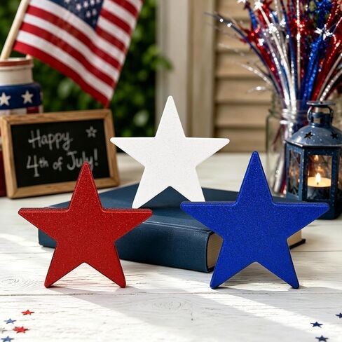 4th of July Table Decorations 3 PCS, Patriotic Red White Blue Americana Wooden Star Centerpiece Decor for Indoor Home, Fourth of July Memorial Independence Day Gift Signs for Mantel Office Tiered Tray in Saudi Arabia