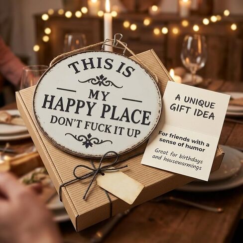 Funny Garden Metal Sign, This Is My Happy Place Don't F*ck It Up Metal Tin Sign, 12x12 Inch Round Vintage Wall Decor, Rustic Farmhouse Hanging Plaque with Bold Humor for Home Office Porch Bar Cabin in Saudi Arabia
