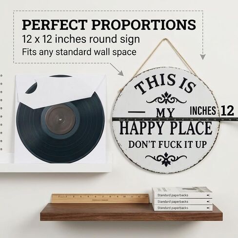 Funny Garden Metal Sign, This Is My Happy Place Don't F*ck It Up Metal Tin Sign, 12x12 Inch Round Vintage Wall Decor, Rustic Farmhouse Hanging Plaque with Bold Humor for Home Office Porch Bar Cabin in Saudi Arabia