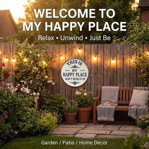 Happy Place - لافتة معدنية عتيقة، "This Is My Happy Place Don't Fuck It Up" لوحة من القصدير الريفي للمنزل والشرفة والمساحات الخارجية والباب الأمامي والمكتب المنزلي والمطبخ 12 * 12 بوصة in Kuwait