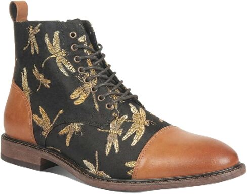 Men’s Lace-Up Dress Boot with Cap Toe, Dragonfly Print Textile Upper, Vintage Ankle Style, Cushioned Insole, Low Heel for Office, Travel, Nights Out in Saudi Arabia