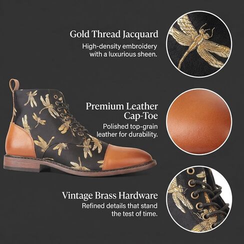 Men’s Lace-Up Dress Boot with Cap Toe, Dragonfly Print Textile Upper, Vintage Ankle Style, Cushioned Insole, Low Heel for Office, Travel, Nights Out in Saudi Arabia