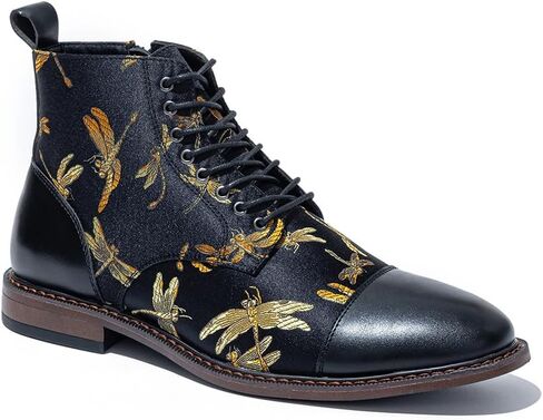 Men’s Lace-Up Dress Boot with Cap Toe, Dragonfly Print Textile Upper, Vintage Ankle Style, Cushioned Insole, Low Heel for Office, Travel, Nights Out in Saudi Arabia