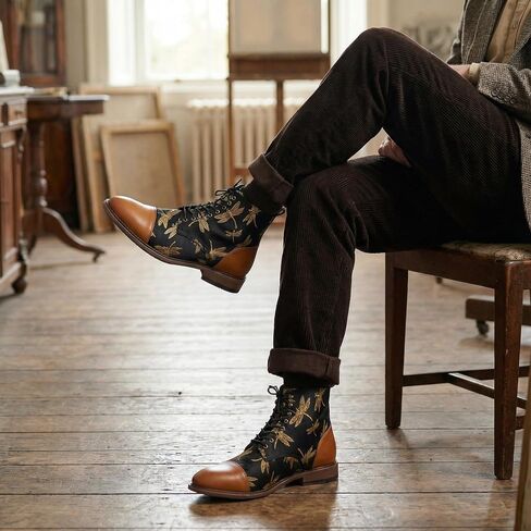 Men’s Lace-Up Dress Boot with Cap Toe, Dragonfly Print Textile Upper, Vintage Ankle Style, Cushioned Insole, Low Heel for Office, Travel, Nights Out in Saudi Arabia