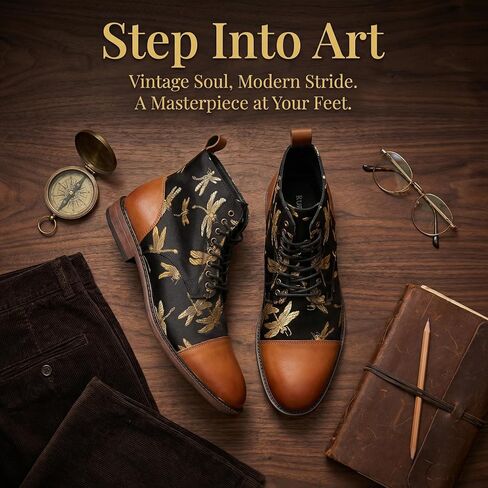 Men’s Lace-Up Dress Boot with Cap Toe, Dragonfly Print Textile Upper, Vintage Ankle Style, Cushioned Insole, Low Heel for Office, Travel, Nights Out in Saudi Arabia