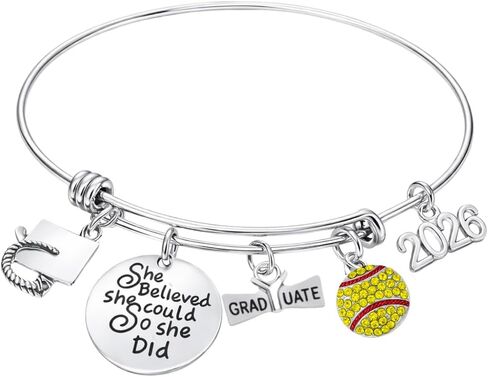 Sportybella Softball Graduation Gift, Class of 2026 Softball Player Charm Bracelet with She Believed She Could So She Did, Inspirational Gift for Graduates in Kuwait