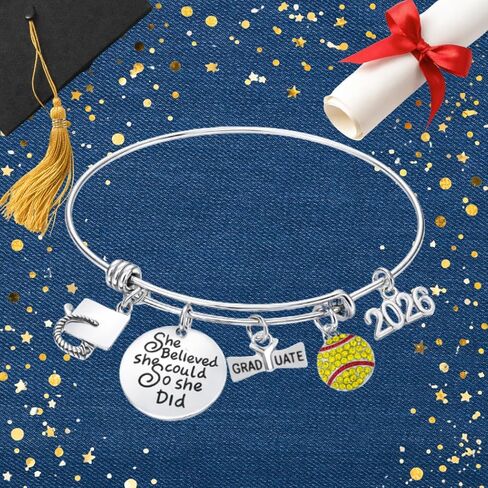 Sportybella Softball Graduation Gift, Class of 2026 Softball Player Charm Bracelet with She Believed She Could So She Did, Inspirational Gift for Graduates in Kuwait