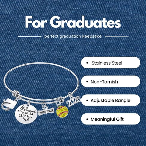 Sportybella Softball Graduation Gift, Class of 2026 Softball Player Charm Bracelet with She Believed She Could So She Did, Inspirational Gift for Graduates in Kuwait