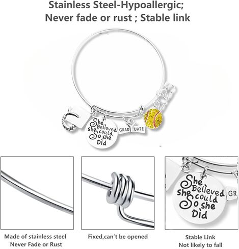 Sportybella Softball Graduation Gift, Class of 2026 Softball Player Charm Bracelet with She Believed She Could So She Did, Inspirational Gift for Graduates in Kuwait