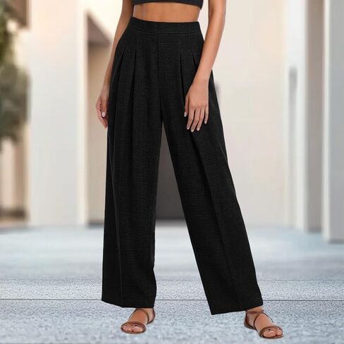 Women Wide Leg Pants High Waisted Business Casual Work Trousers Comfy Loose Fit Dressy Pants for Vacation Lounge Black in Saudi Arabia