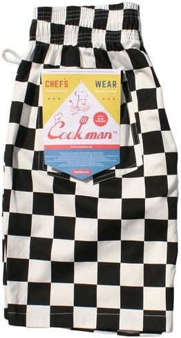 سروال قصير من COOKMAN Chef - مربعات: أسود، مناسب للاستخدام في المطبخ والشارع، خصر برباط قابل للتعديل in Kuwait