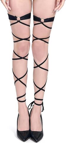 Black Leg Garters with O-Ring, Adjustable Strappy Wraps, 2-Piece Set for Music Festivals, Dance, Halloween, Nylon Spandex in Saudi Arabia