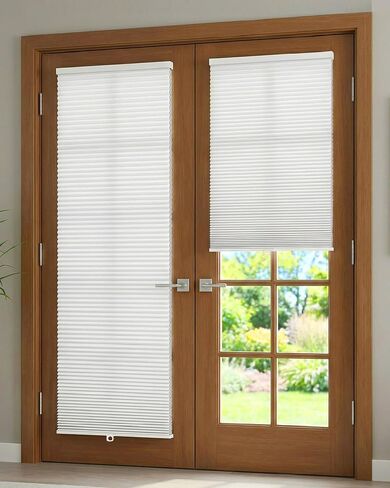 No Drill Cellular Shades for French Doors, Cordless Light Filtering Honeycomb Shades for Patio Door Privacy, Install with Adhesive Foam Tape OR Drillable Mount, 1 Pack, 26" W x 78" H, White in Kuwait