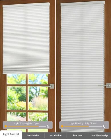 No Drill Cellular Shades for French Doors, Cordless Light Filtering Honeycomb Shades for Patio Door Privacy, Install with Adhesive Foam Tape OR Drillable Mount, 1 Pack, 26" W x 78" H, White in Kuwait