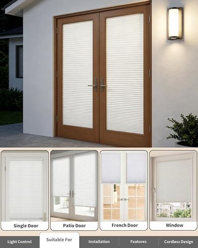 No Drill Cellular Shades for French Doors, Cordless Light Filtering Honeycomb Shades for Patio Door Privacy, Install with Adhesive Foam Tape OR Drillable Mount, 1 Pack, 26" W x 78" H, White in Kuwait