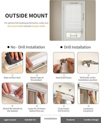 No Drill Cellular Shades for French Doors, Cordless Light Filtering Honeycomb Shades for Patio Door Privacy, Install with Adhesive Foam Tape OR Drillable Mount, 1 Pack, 26" W x 78" H, White in Kuwait