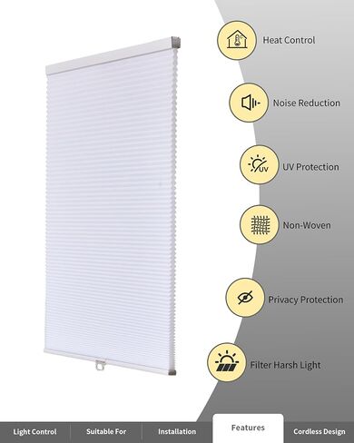 No Drill Cellular Shades for French Doors, Cordless Light Filtering Honeycomb Shades for Patio Door Privacy, Install with Adhesive Foam Tape OR Drillable Mount, 1 Pack, 26" W x 78" H, White in Kuwait